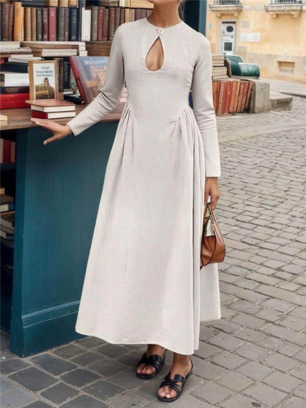 Keyhole Long-Sleeve Midi Dress